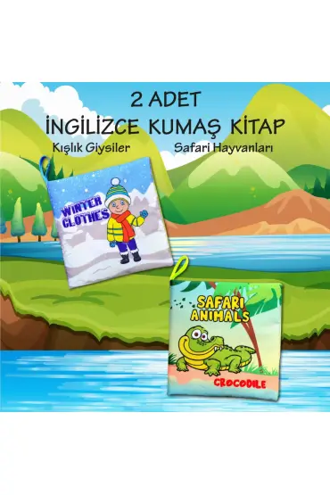  247 2 Kitap  İngilizce Kışlık Giysiler ve Safari Hayvanları Kumaş Sessiz Kitap