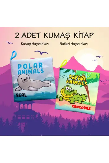  247 2 Kitap  İngilizce Kutup Hayvanları ve Safari Hayvanları Kumaş Sessiz Kitap