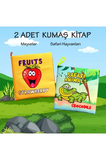  247 2 Kitap  İngilizce Meyveler ve Safari Hayvanları Kumaş Sessiz Kitap