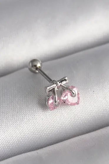 316L Çelik Gümüş Renk Pembe Zirkon Taşlı Kalp Tragus Piercing - TJ-PR1235