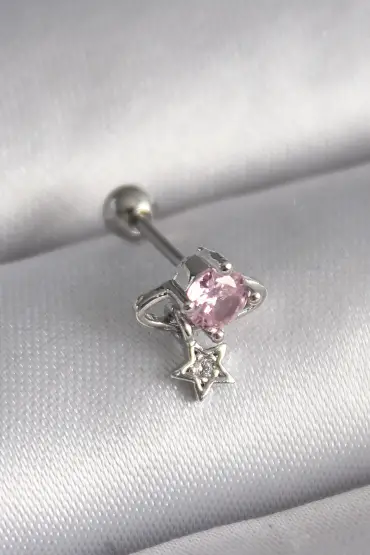 316L Çelik Gümüş Renk Pembe Zirkon Taşlı Sallantı Yıldız Detay Tragus Piercing - TJ-PR1237