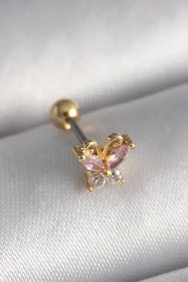 316L Çelik Gold Renk Pembe Zirkon Taşlı Kelebek Tragus Piercing - TJ-PR1240