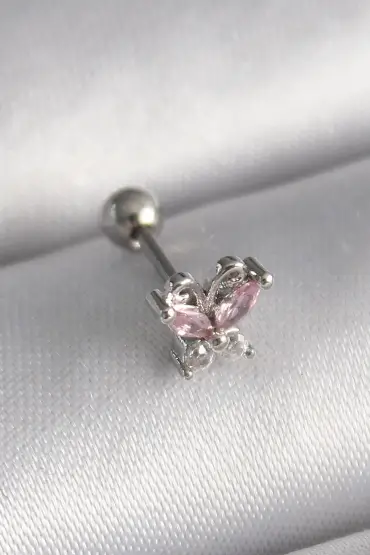 316L Çelik Gümüş Renk Pembe Zirkon Taşlı Kelebek Tragus Piercing - TJ-PR1241