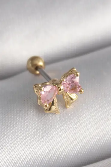 316L Çelik Gold Renk Pembe Zirkon Taşlı Fiyonk Tragus Piercing - TJ-PR1250