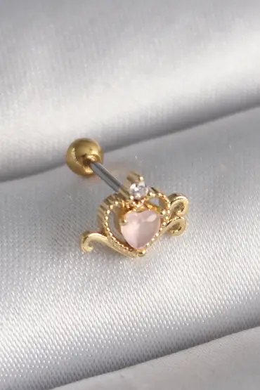 316L Çelik Gold Renk Pembe Mineli Kalp Zirkon Taş Detay Tragus Piercing - TJ-PR1260