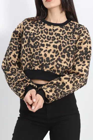 Desenli 3 İplik Crop Sweat Leopar