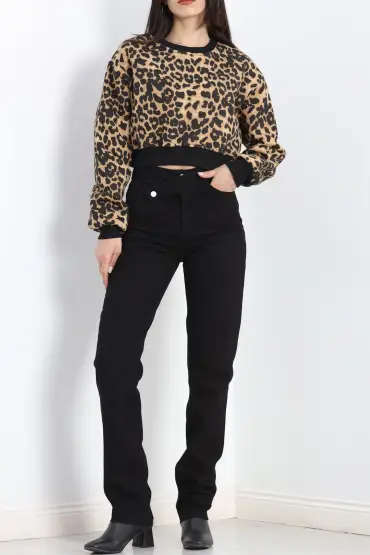 Desenli 3 İplik Crop Sweat Leopar