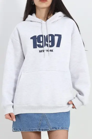 Kot Nakışlı Oversize 3 İplik Sweat Gri