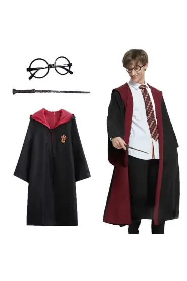 Harry Potter Gryffindor Kapişonlu Çocuk Kostüm + Asa + Gözlük Seti 9-10 Yaş (4767)