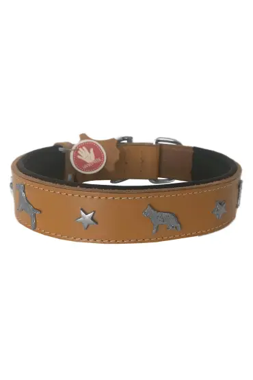 Deri Köpek Figürlü Köpek Boyun Tasması 56-64 cm XL Kamel