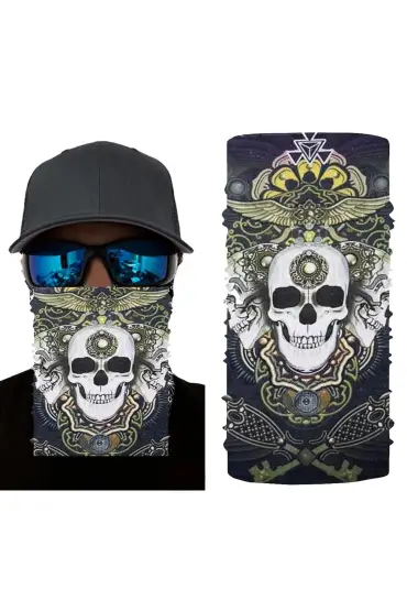 Siyah Renk Üzeri Likralı Beyaz Kafatası Kuru Kafa Baskılı Baf Buff Bandana 28x45 Cm