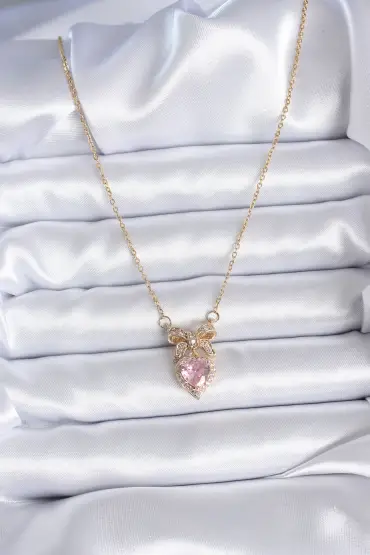 316L Çelik Gold Zincir Pembe Kristal Kalp Model Zirkon Taşlı Kurdele Model Kadın Kolye - TJ-BKO7745