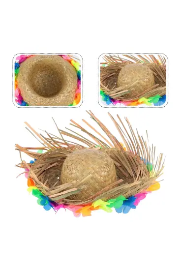 Naturel Renk Püsküllü Örme Hasır Hawaii Luau Aloha Şapka 13x36 cm