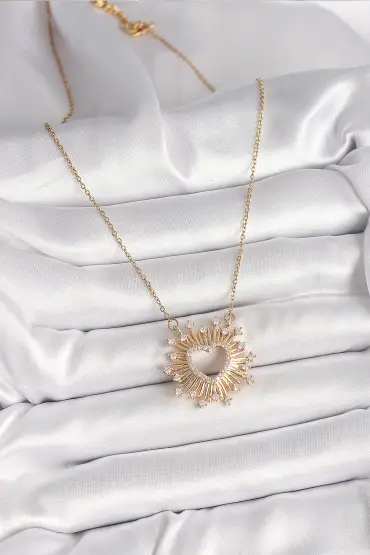 316L Çelik Gold Renk Zirkon Taşlı Kalp Model Kadın Kolye - TJ-BKO9920