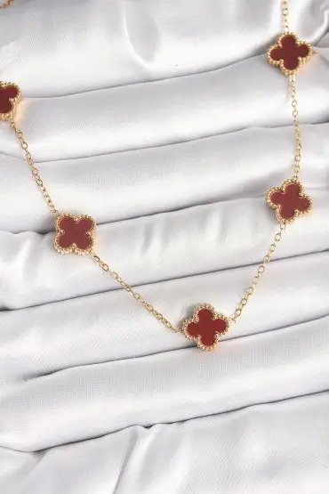 316L Çelik Gold Renk Zincir Bordo Yonca Model Kadın Kolye - TJ-BKO9926