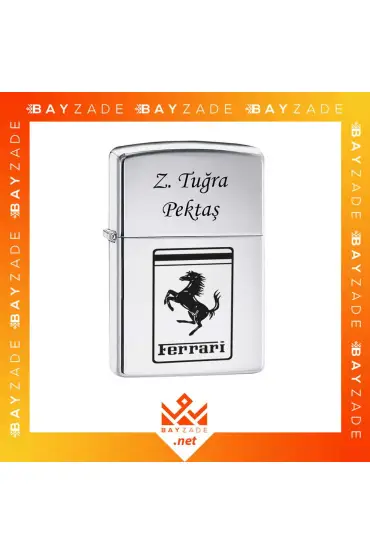 Ferrari Logolu Plakalı Zippo Benzinli Çakmak - Custom Design Lighters - Cosmedrome