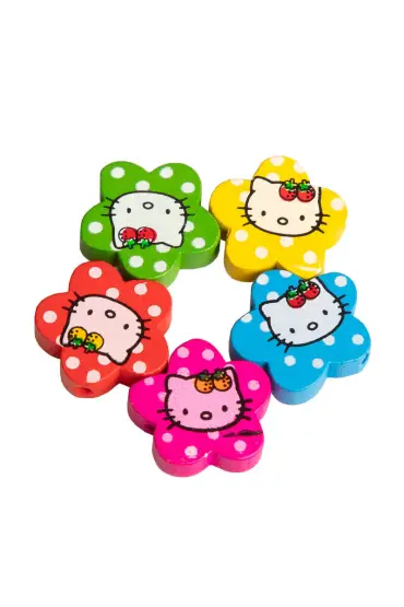 Hello Kittyli Çiçek Ahşap Boncuk 5 li